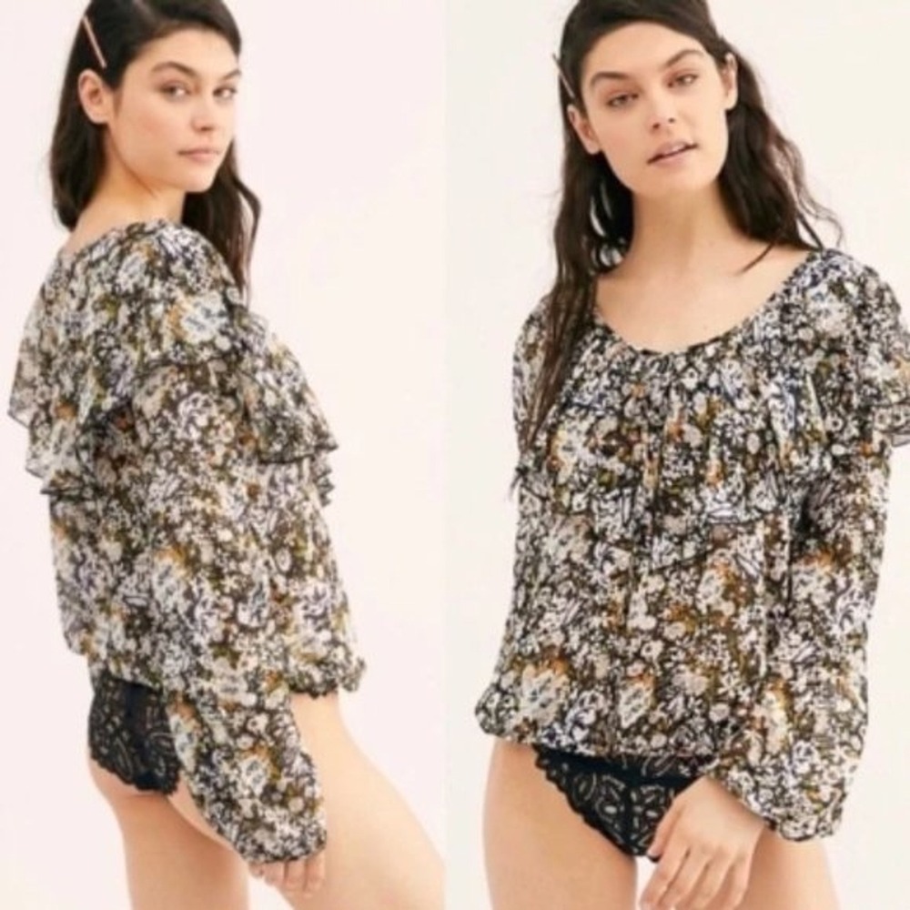 Free People Say It To Me Bodysuit Top XS Black Floral Sheer‎ Ruffled